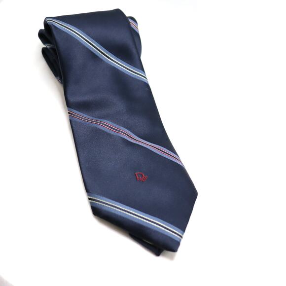 Vintage Christian Dior Monsieur Navy Stripe Silk Tie 3” Wide - Picture 1 of 3